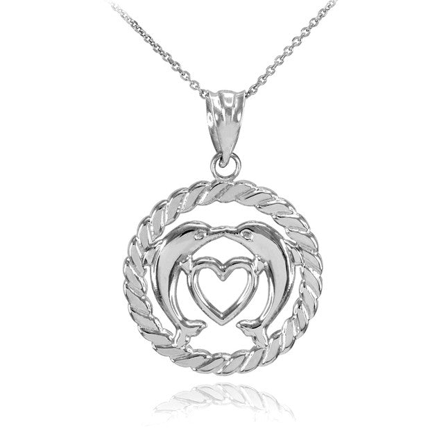 Gold Heart Kissing Dolphins in Circle Rope Pendant Necklace, view 3