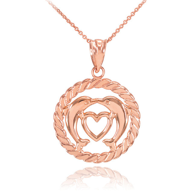 Gold Heart Kissing Dolphins in Circle Rope Pendant Necklace, view 4