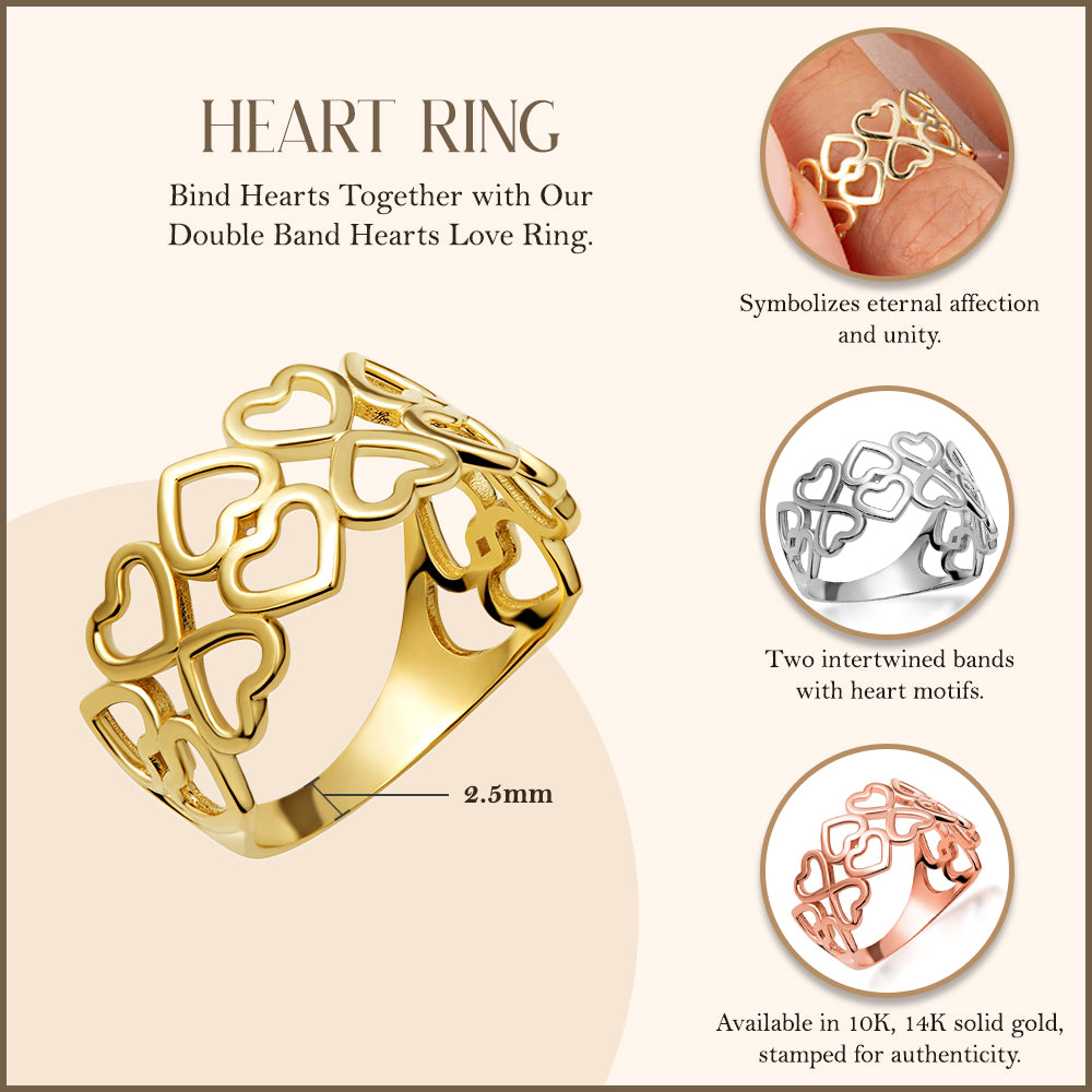Gold Hearts Double Band Love Ring, view 3