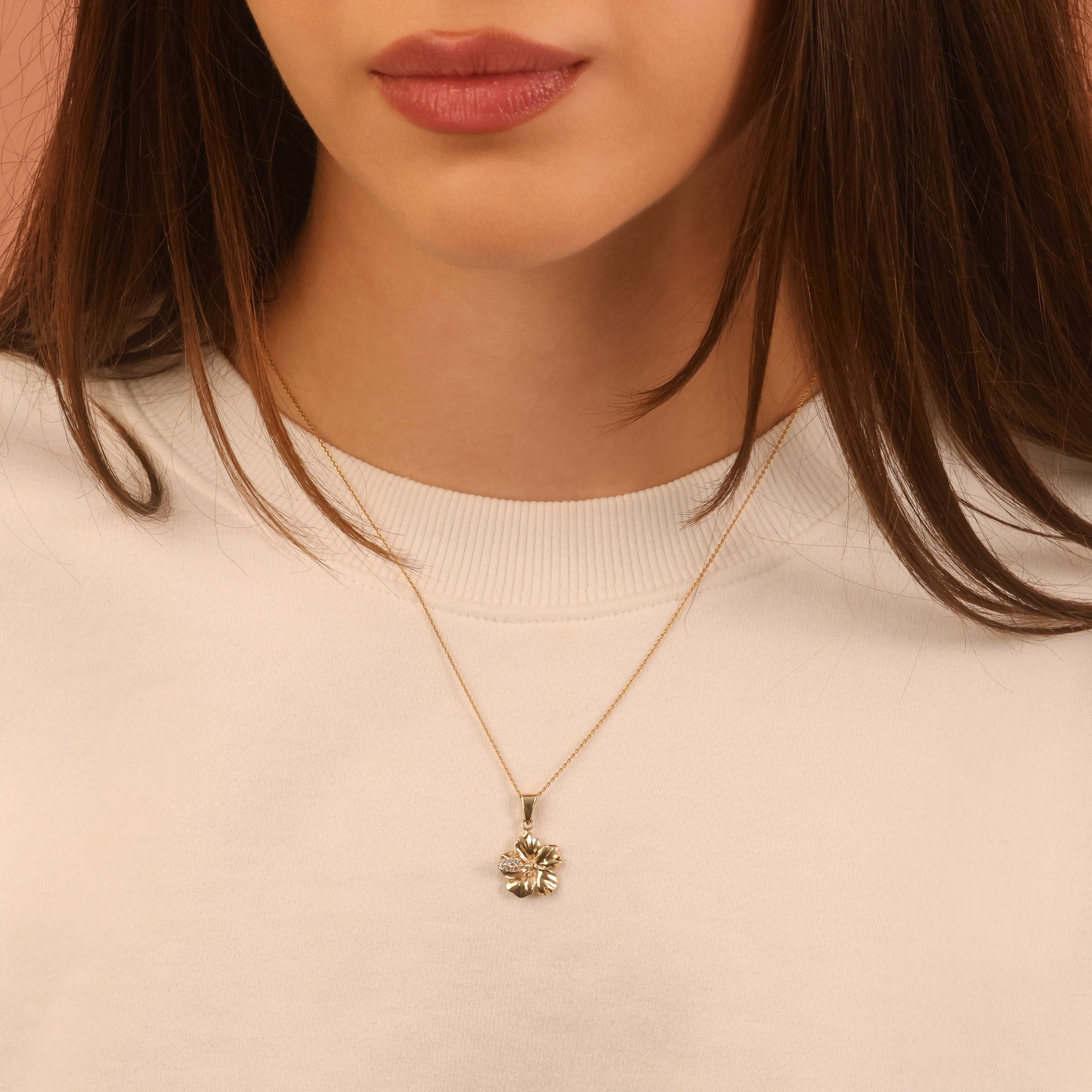 Gold Hibiscus Flower Necklace with Diamonds, view 2