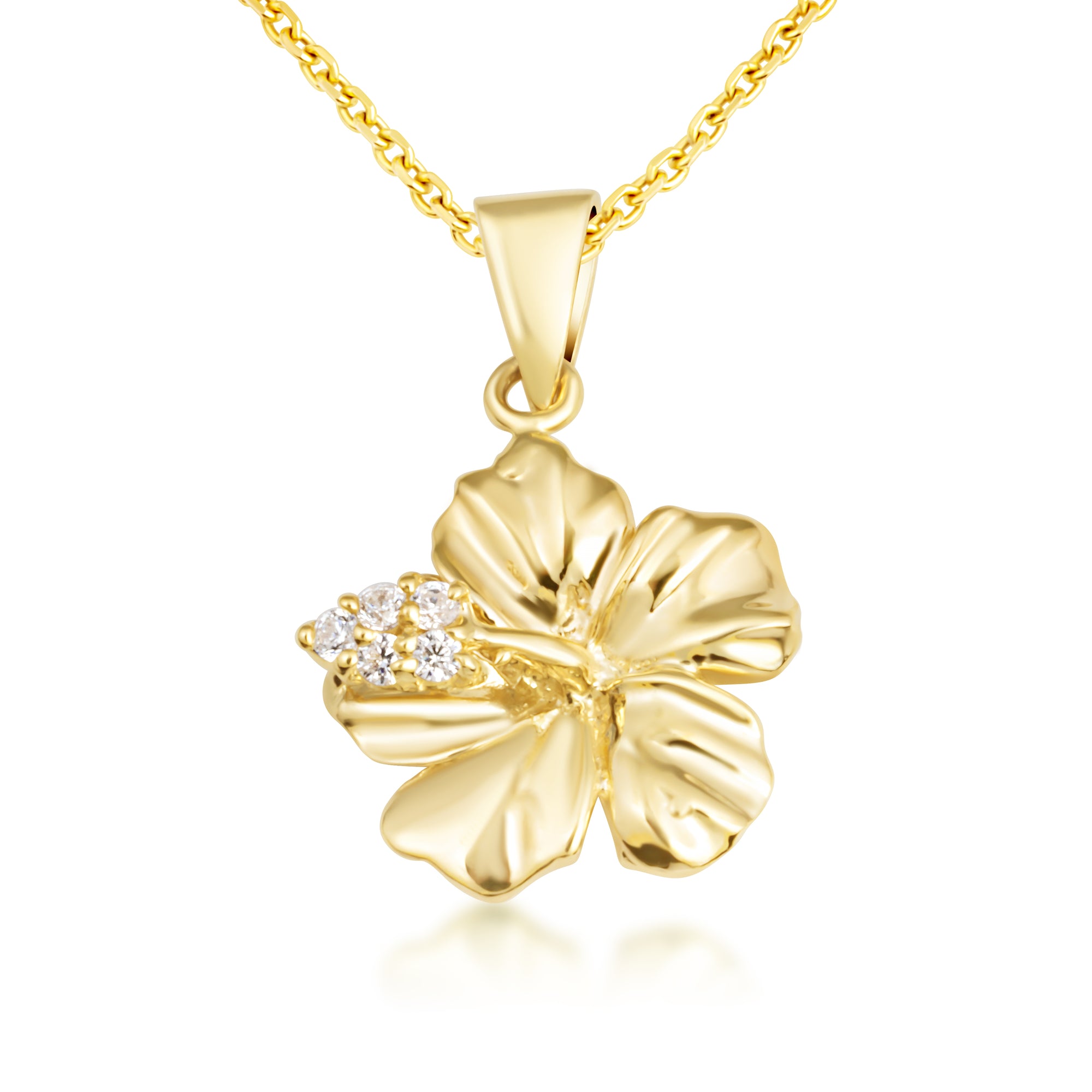 Gold Hibiscus Flower Necklace with Diamonds, view 5