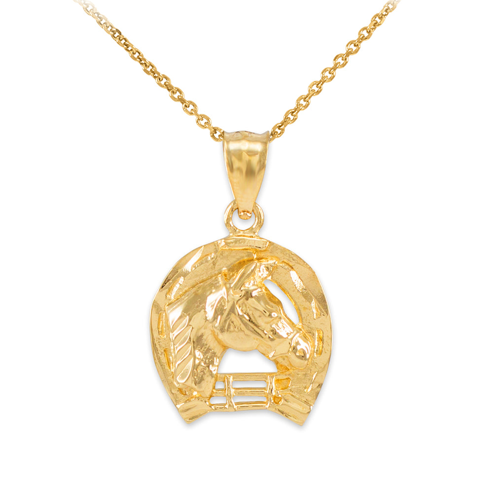 Gold Horseshoe with Horse Head Charm Pendant Necklace