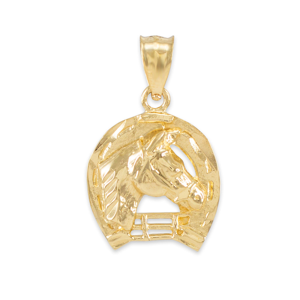 Gold Horseshoe with Horse Head Charm Pendant Necklace, view 2