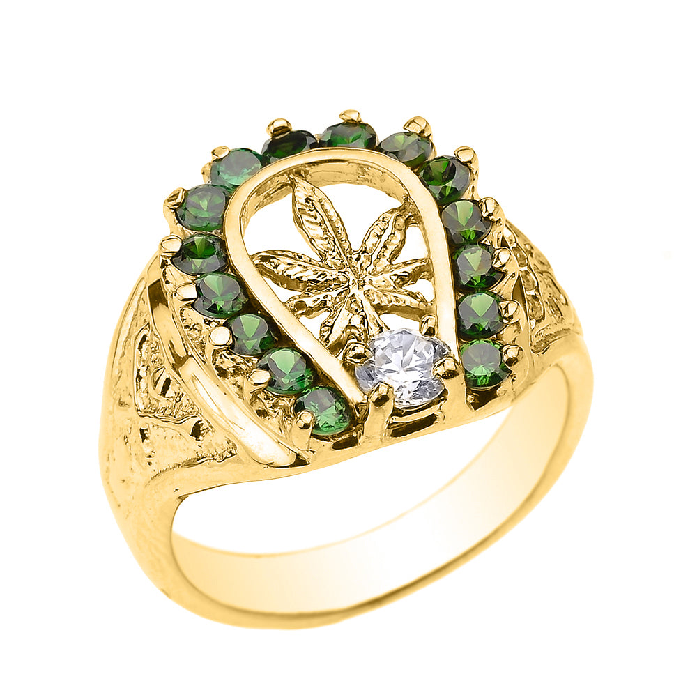 Gold Horseshoe with Marijuana Leaf Cannabis Men's Ring