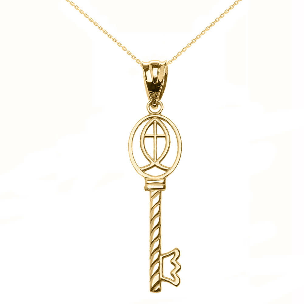 Gold Ichthus Cross Key Pendant Necklace