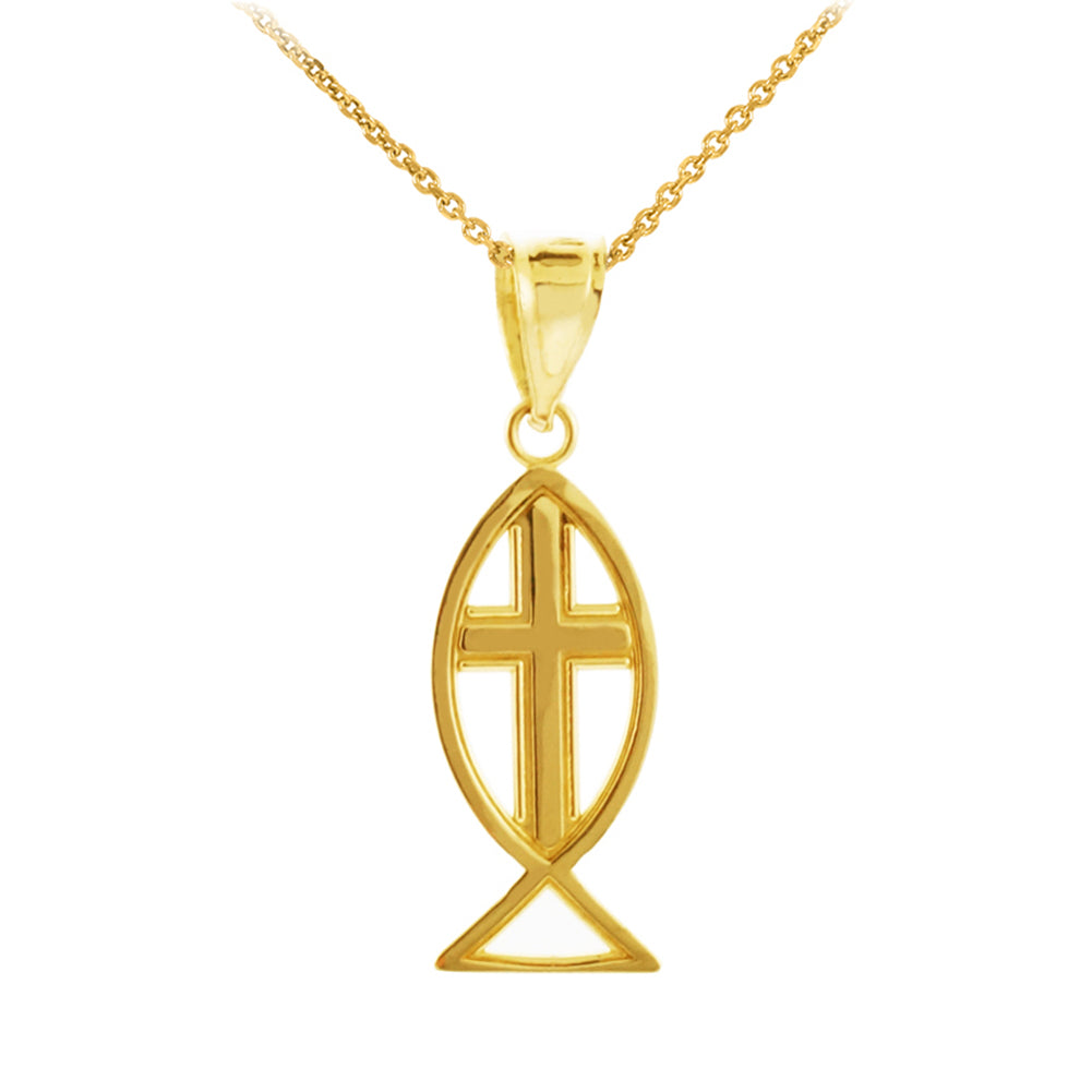 Gold Ichthus Cross Pendant Necklace