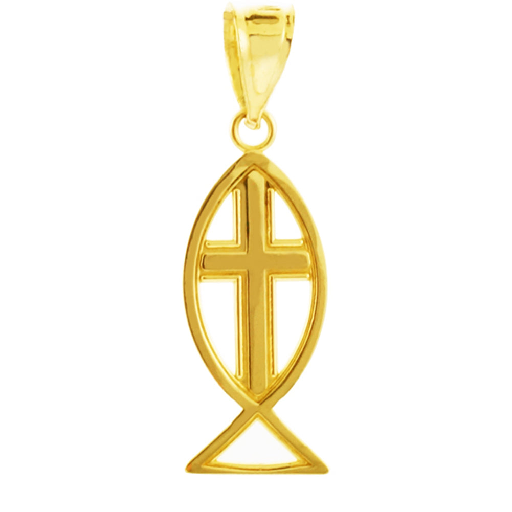 Gold Ichthus Cross Pendant Necklace, view 2