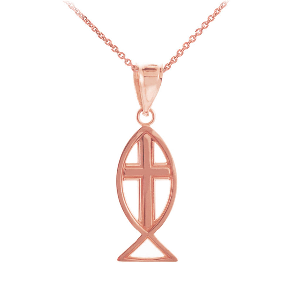 Gold Ichthus Cross Pendant Necklace, view 5