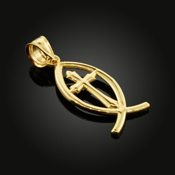 Gold Ichthus Cross Pendant Necklace — Weight: 1.0g, view 2