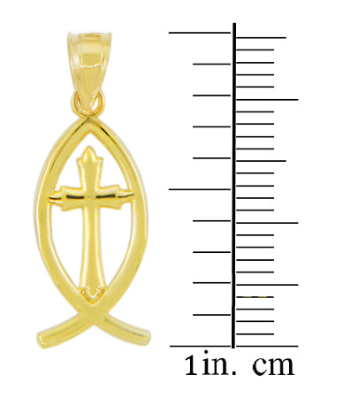 Gold Ichthus Cross Pendant Necklace — Weight: 1.0g, view 3