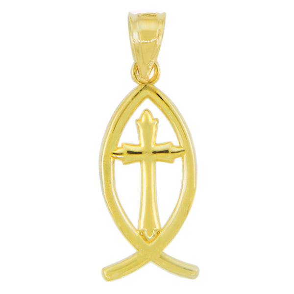 Gold Ichthus Cross Pendant Necklace — Weight: 1.0g, view 4