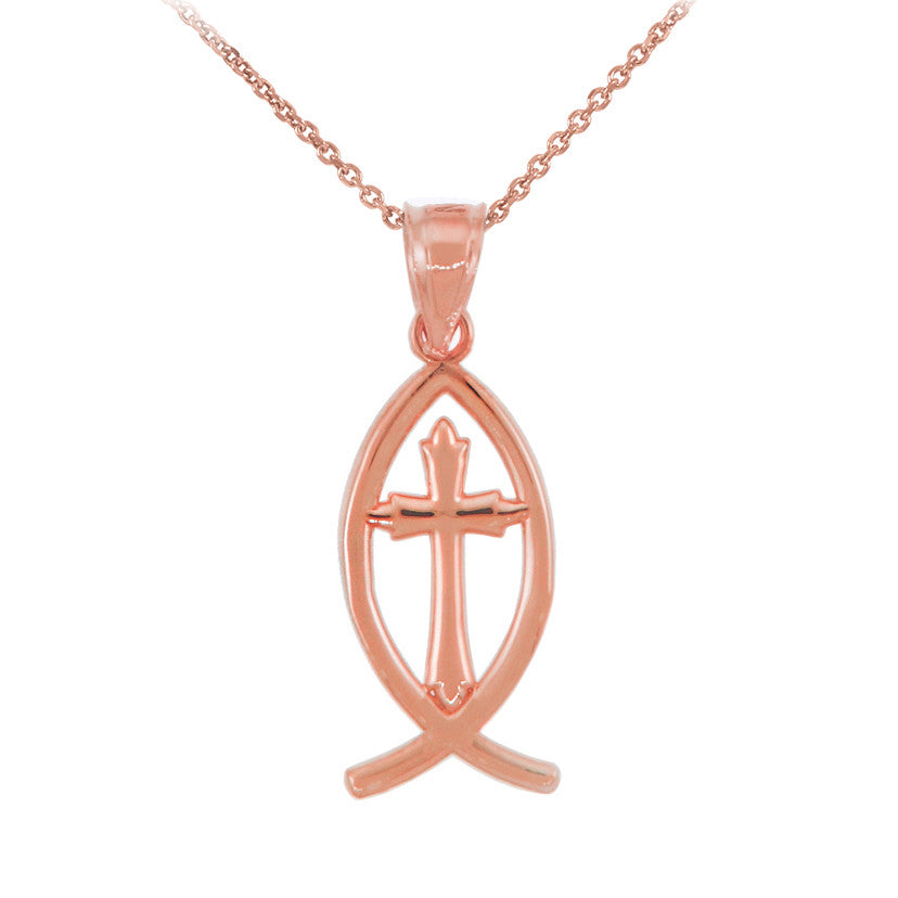 Gold Ichthus Cross Pendant Necklace — Weight: 1.0g, view 5