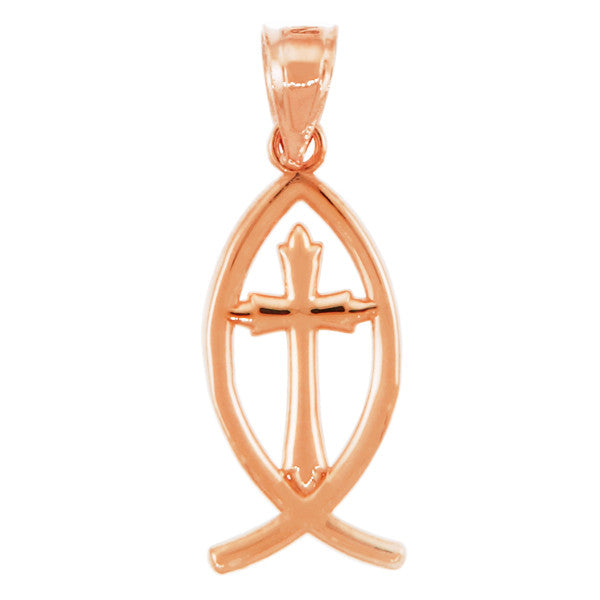 Gold Ichthus Cross Pendant Necklace — Weight: 1.0g, view 6