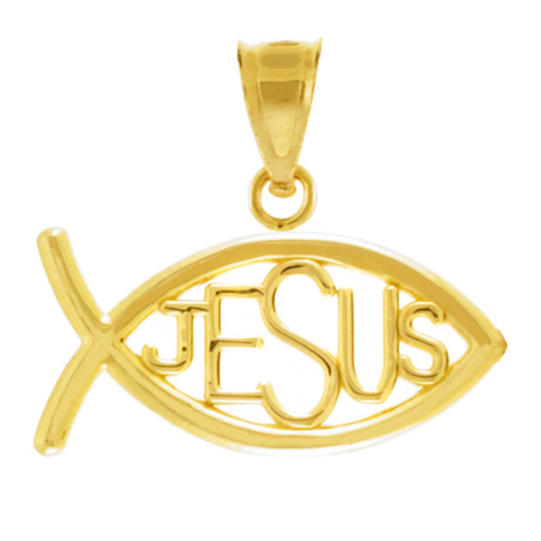 Gold Ichthus JESUS Inscribed Horizontal Pendant Necklace