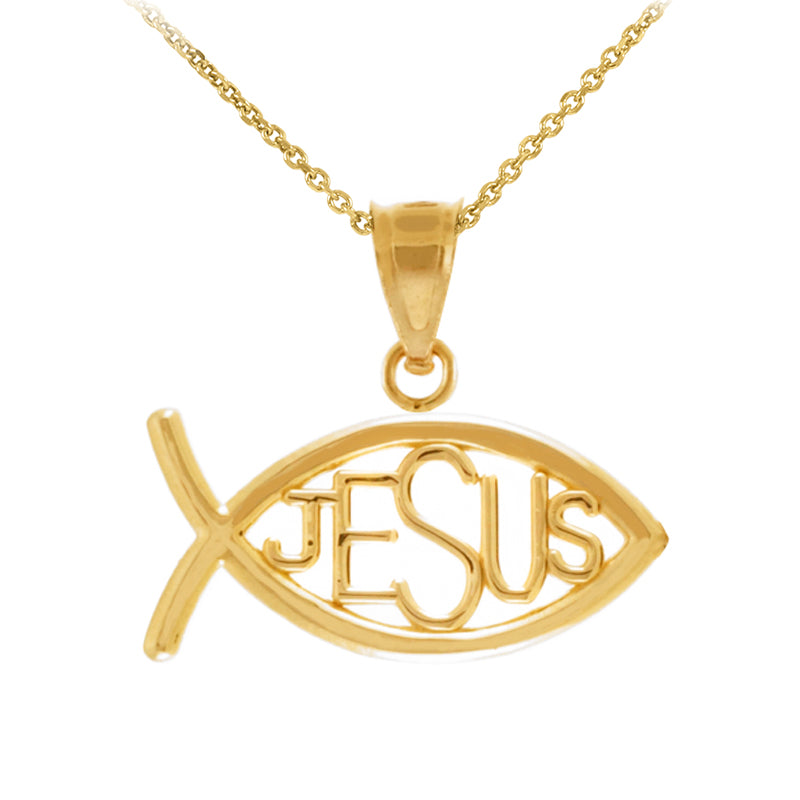 Gold Ichthus JESUS Inscribed Horizontal Pendant Necklace, view 2
