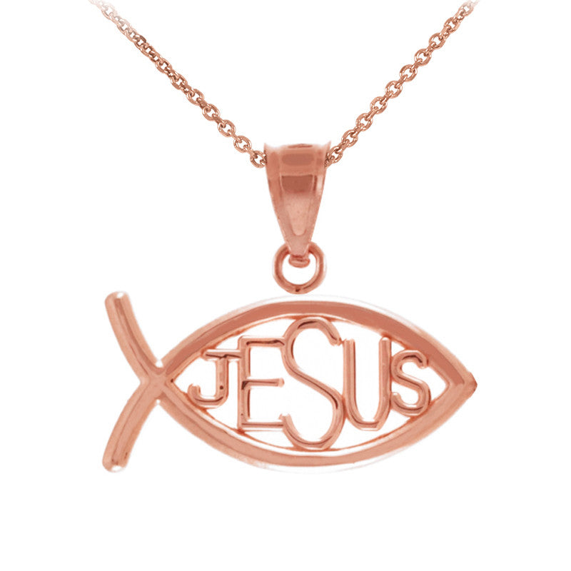 Gold Ichthus JESUS Inscribed Horizontal Pendant Necklace, view 3
