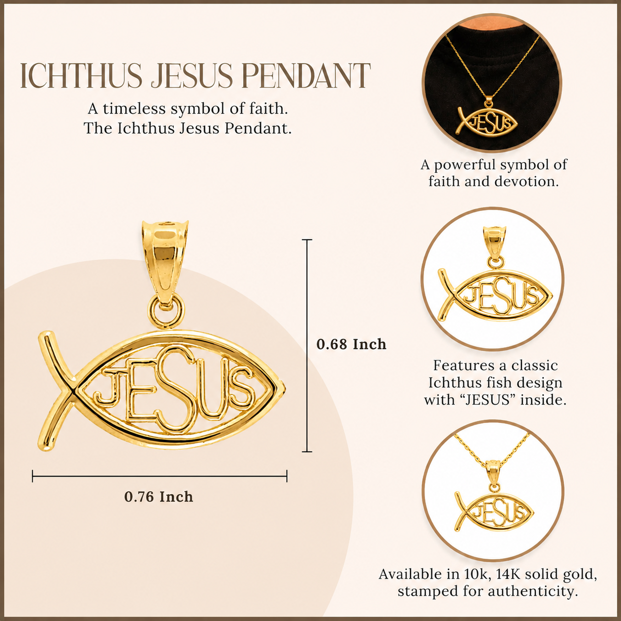 Gold Ichthus JESUS Inscribed Horizontal Pendant Necklace, view 7