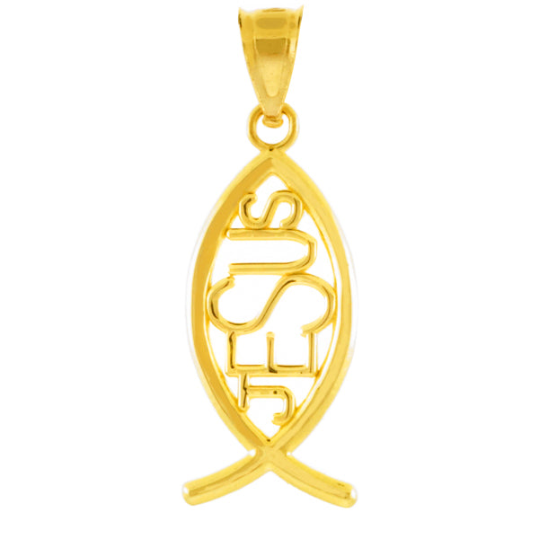 Gold Ichthus JESUS Inscribed Vertical Pendant Necklace, view 2