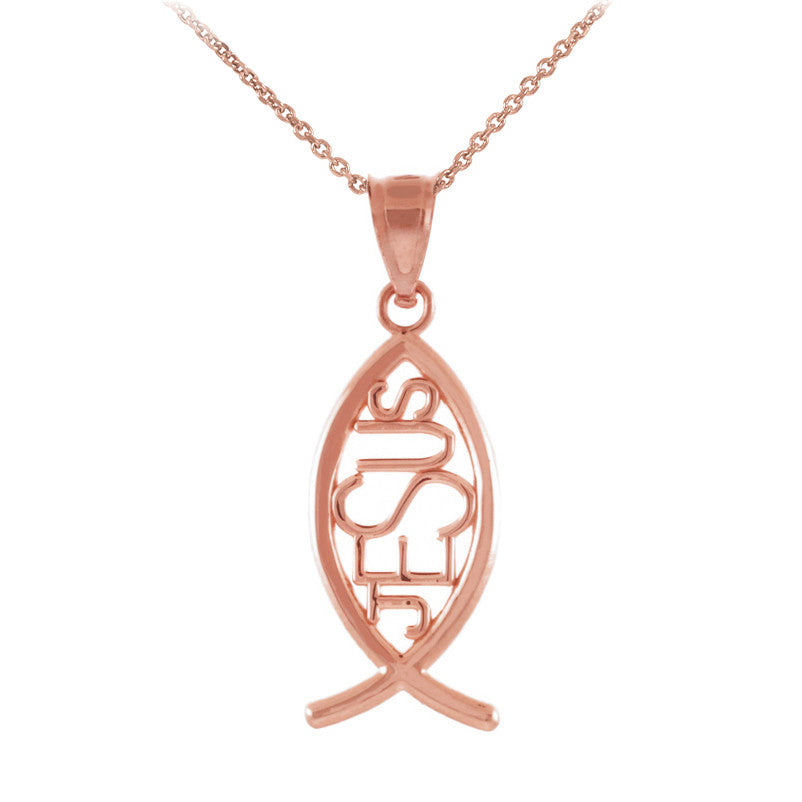 Gold Ichthus JESUS Inscribed Vertical Pendant Necklace, view 5