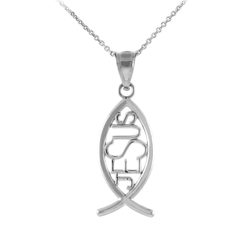 Gold Ichthus JESUS Inscribed Vertical Pendant Necklace, view 9