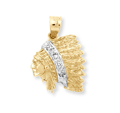 Gold Indian Chief Head CZ Pendant Necklace