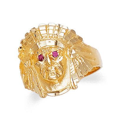 Gold Indian Head Men's Ring with Ruby Eyes