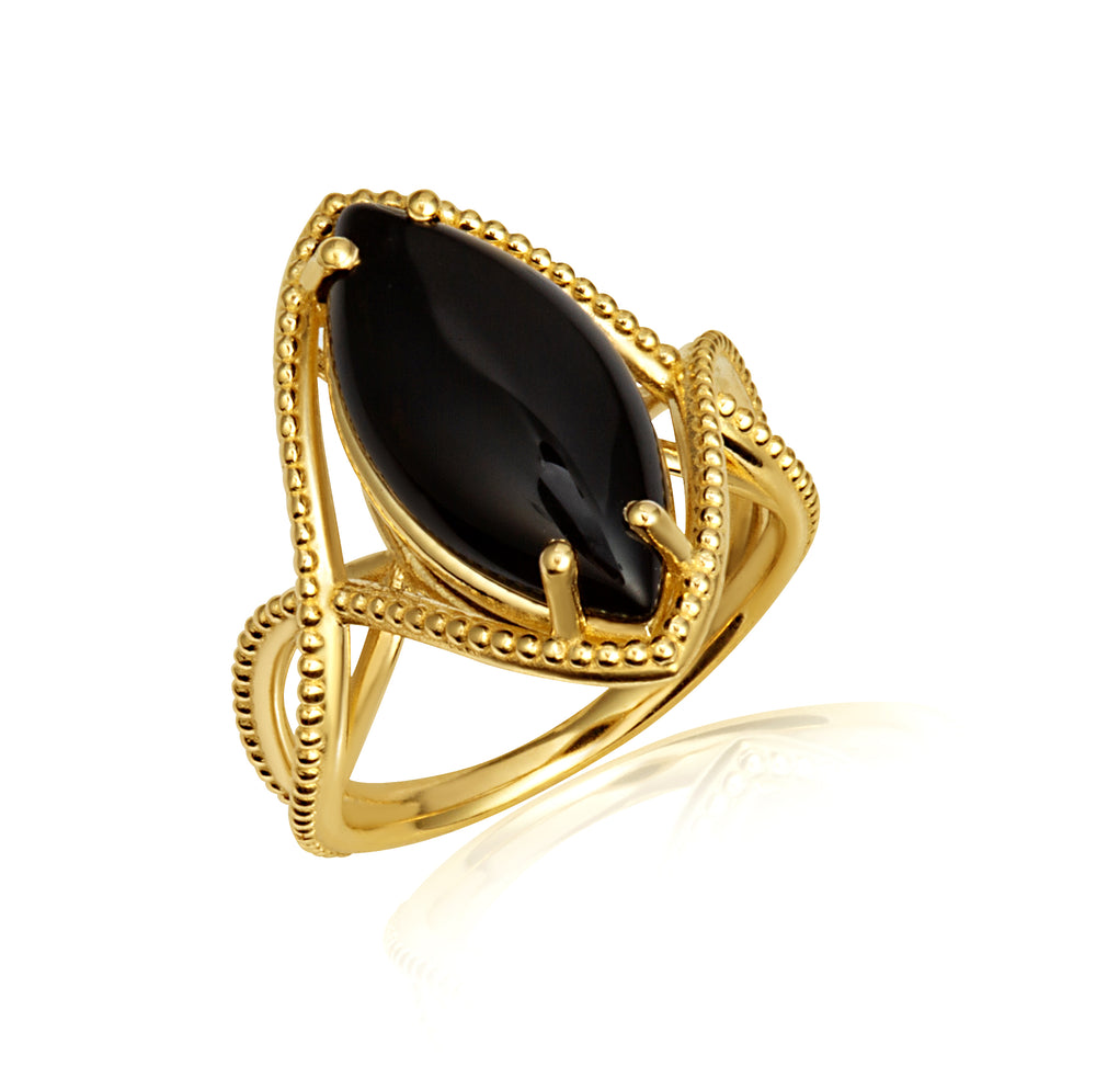 Gold Infinity Marquise Cut Black Onyx Gemstone Beaded Ring