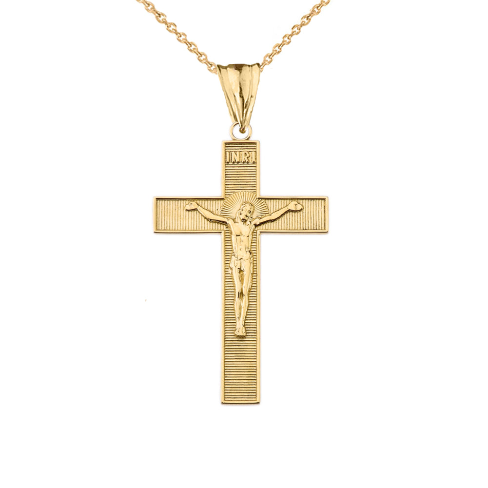 Gold INRI Halo Crucifix Cross Pendant Necklace