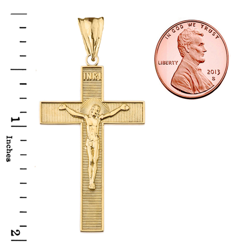 Gold INRI Halo Crucifix Cross Pendant Necklace, view 2