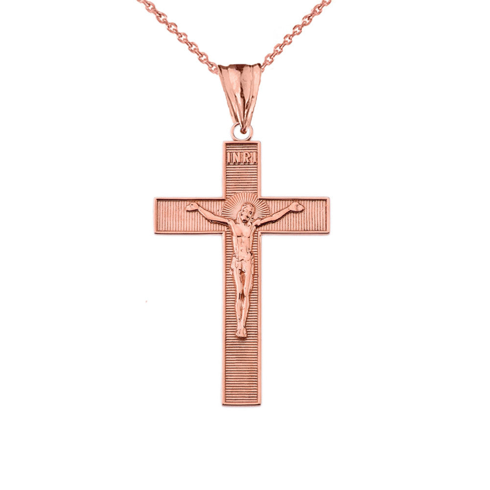 Gold INRI Halo Crucifix Cross Pendant Necklace, view 3