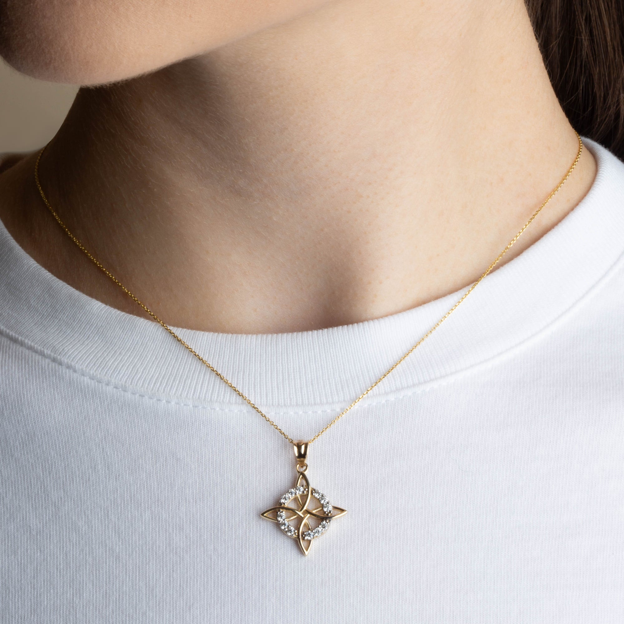 Gold Irish Celtic Cross Halo Trinity Knot Pendant Necklace, view 2