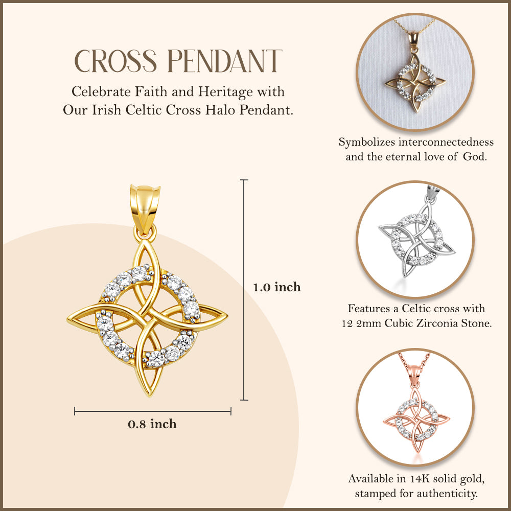 Gold Irish Celtic Cross Halo Trinity Knot Pendant Necklace, view 3