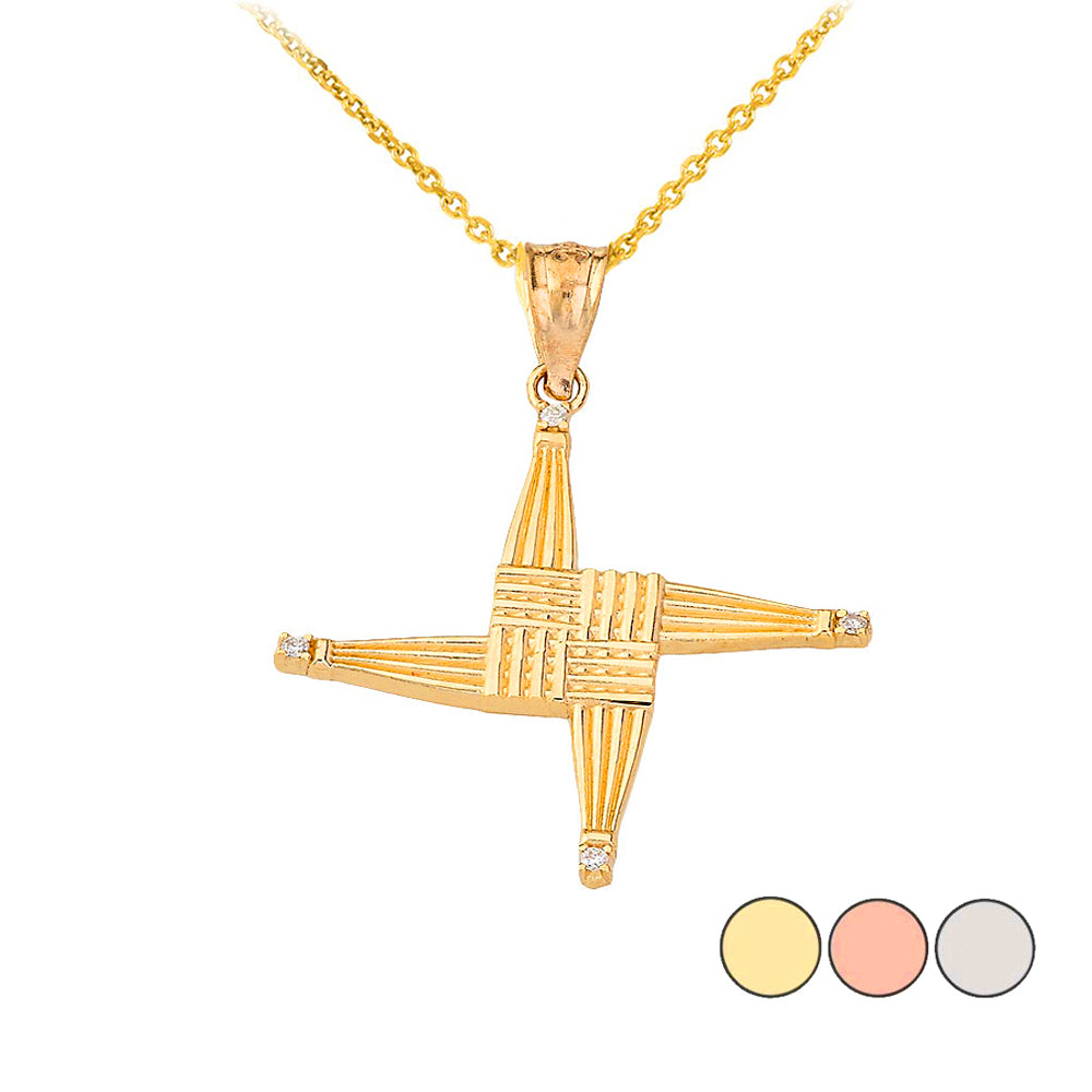 Gold Irish St. Bridget's Christian Wall Cross Diamond Pendant Necklace
