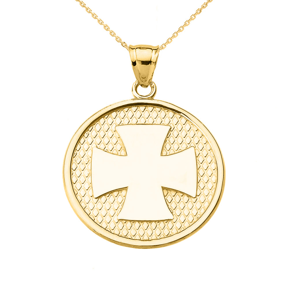 Gold Iron Cross Round Pendant Necklace
