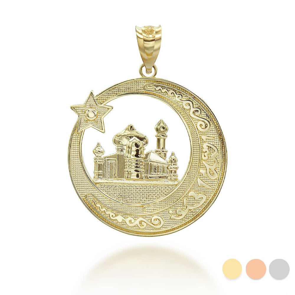 Gold Islamic Crescent Moon and Star, Mosque with Islamic Characters Round Pendant Necklace
