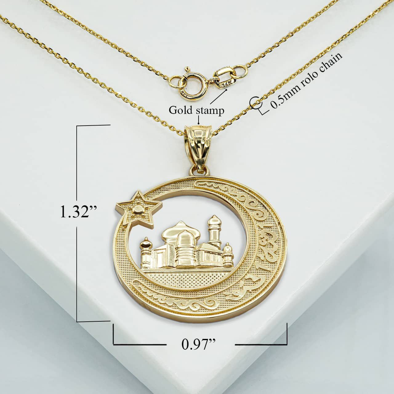 Gold Islamic Crescent Moon and Star, Mosque with Islamic Characters Round Pendant Necklace, view 2