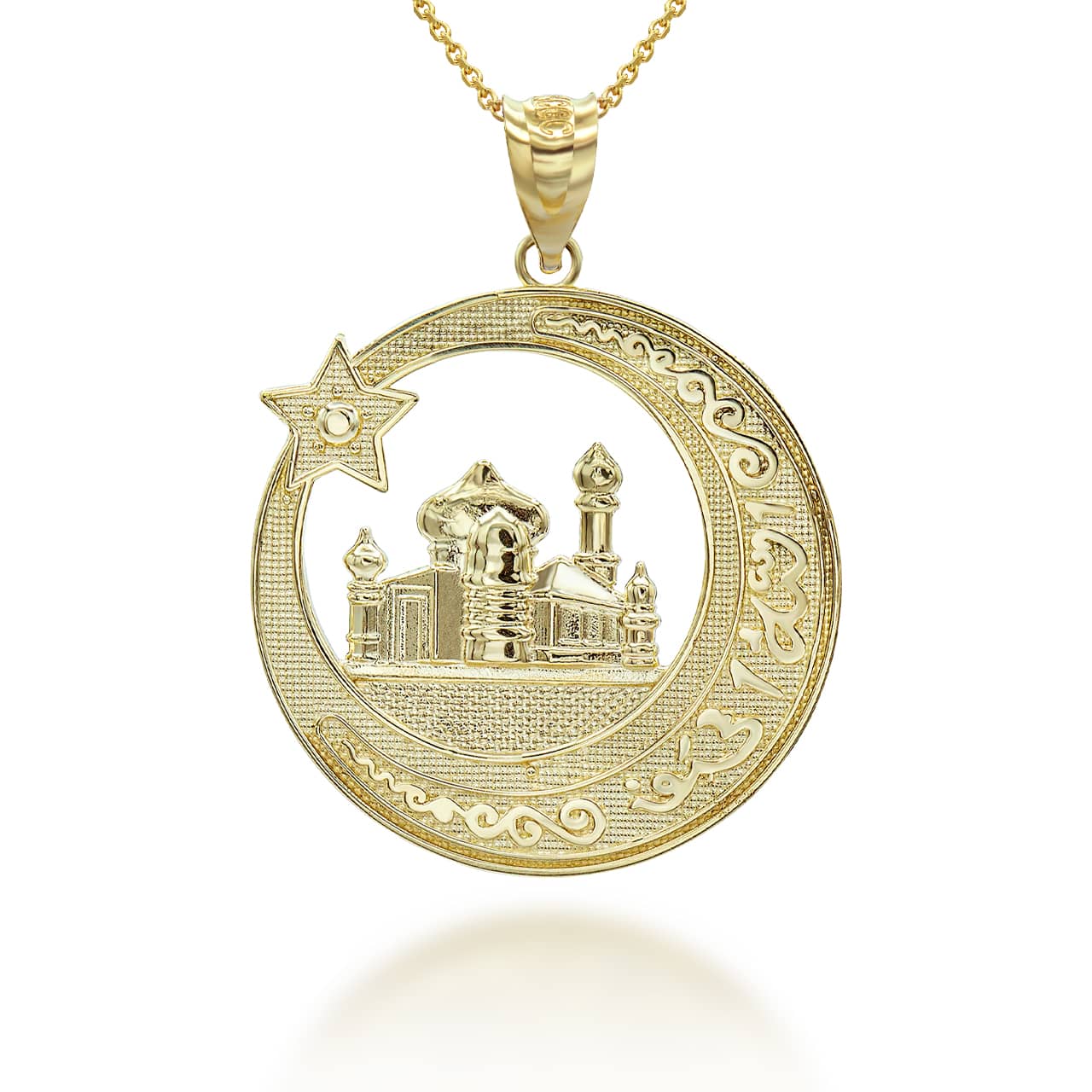 Gold Islamic Crescent Moon and Star, Mosque with Islamic Characters Round Pendant Necklace, view 3