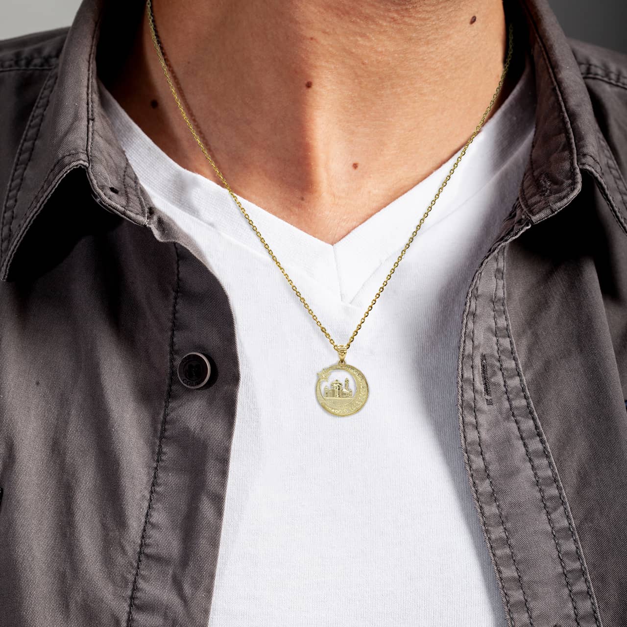 Gold Islamic Crescent Moon and Star, Mosque with Islamic Characters Round Pendant Necklace, view 4