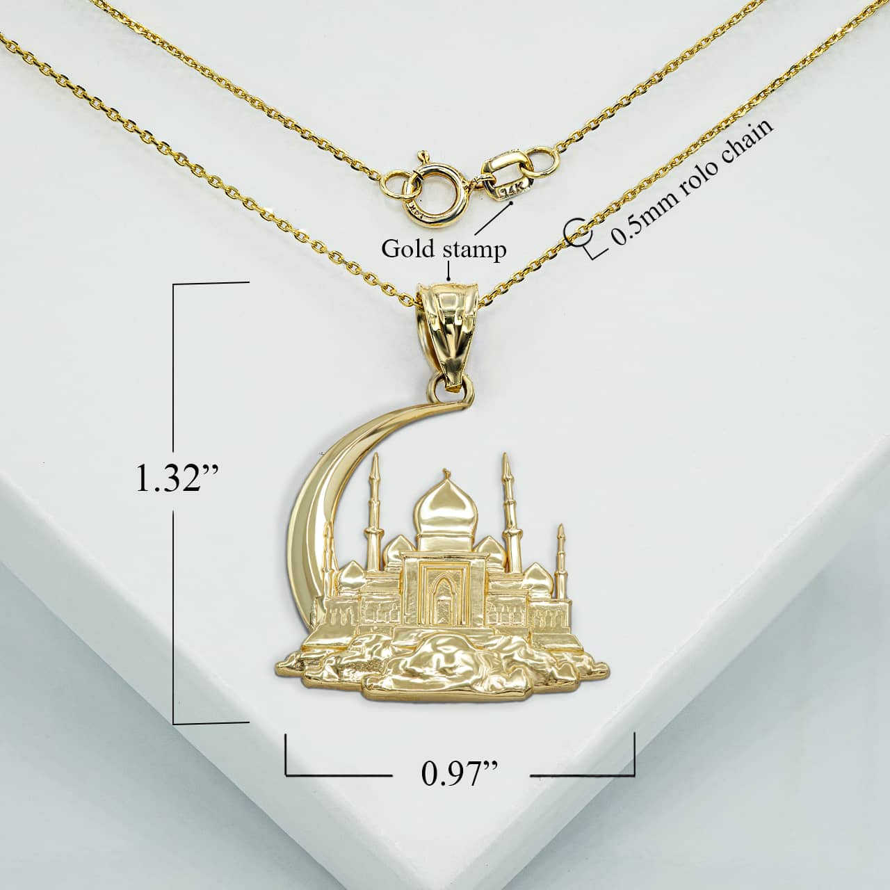 Gold Islamic Crescent Moon Hilal Ibn Ali Mosque Pendant Necklace, view 2