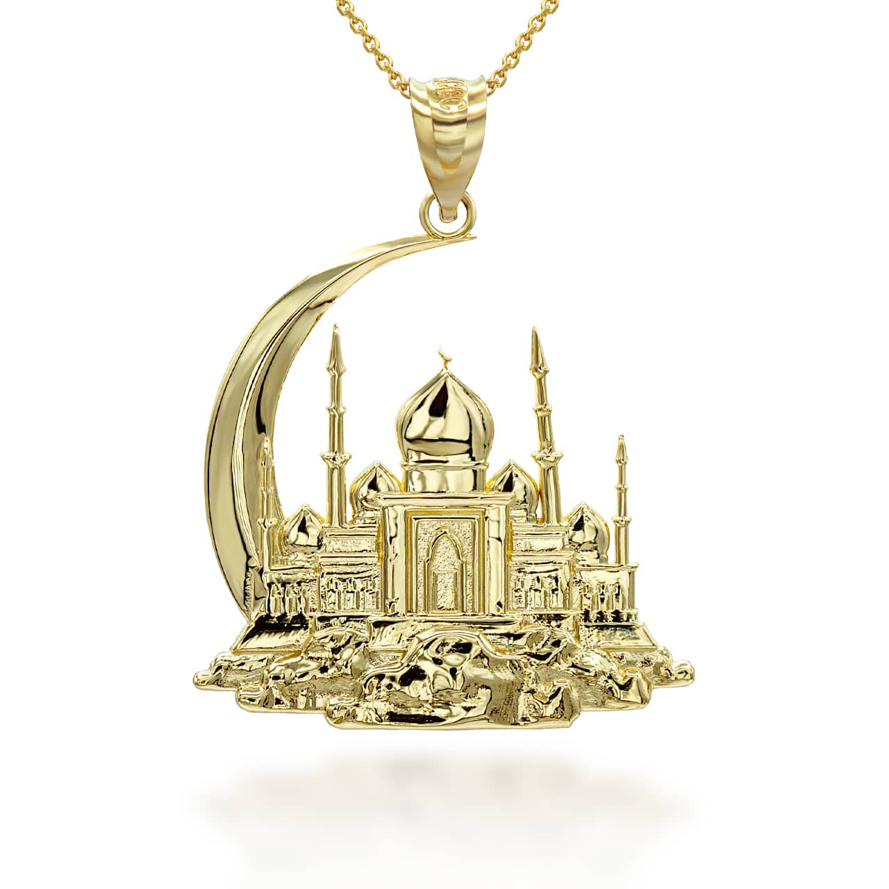 Gold Islamic Crescent Moon Hilal Ibn Ali Mosque Pendant Necklace, view 3