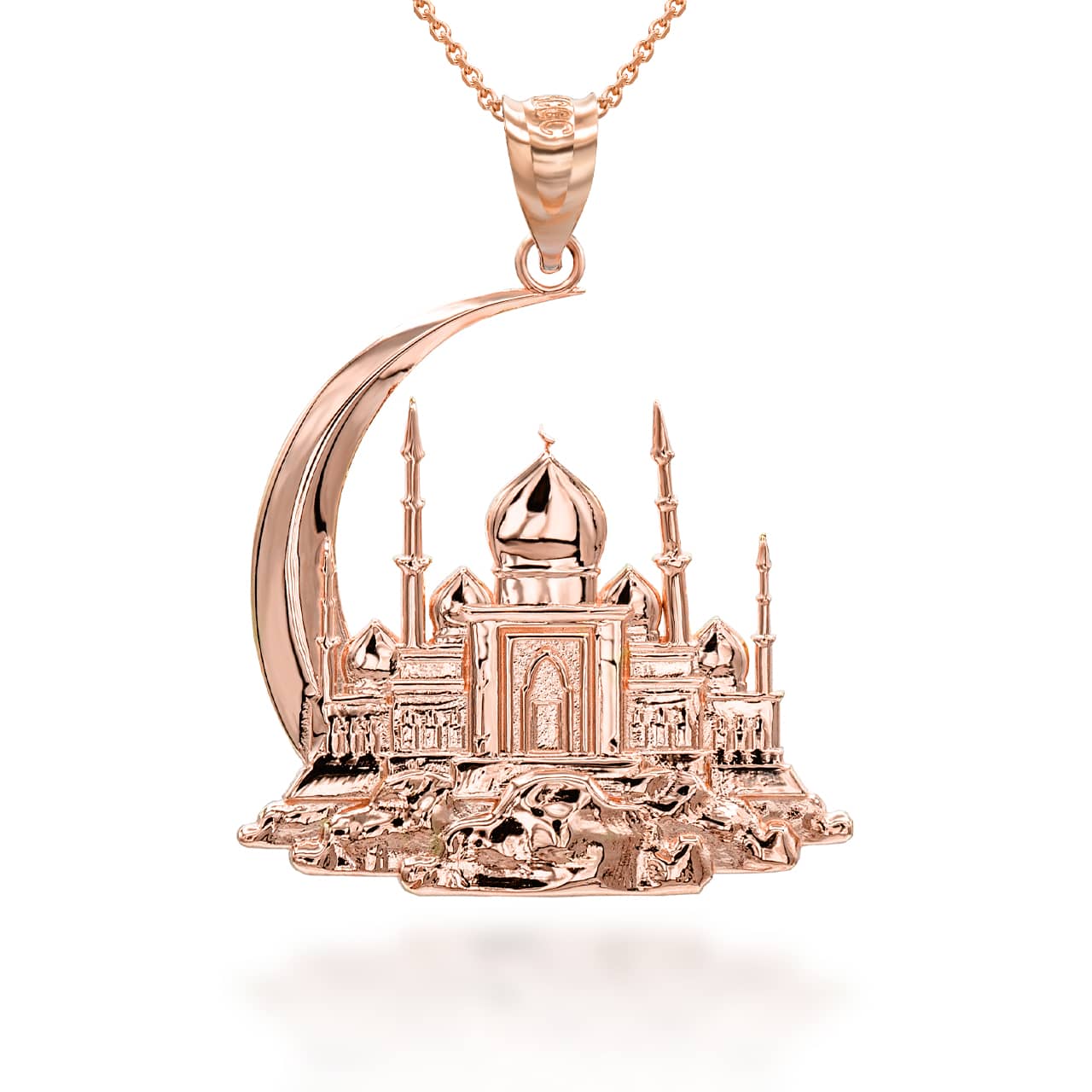 Gold Islamic Crescent Moon Hilal Ibn Ali Mosque Pendant Necklace, view 4
