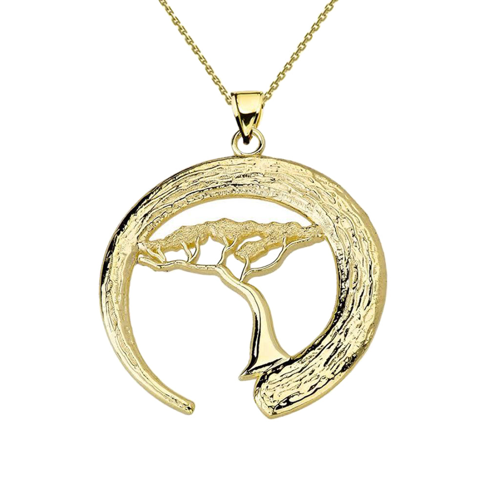 Gold Japanese Buddhist Zen Circle with Bonsai Tree Pendant