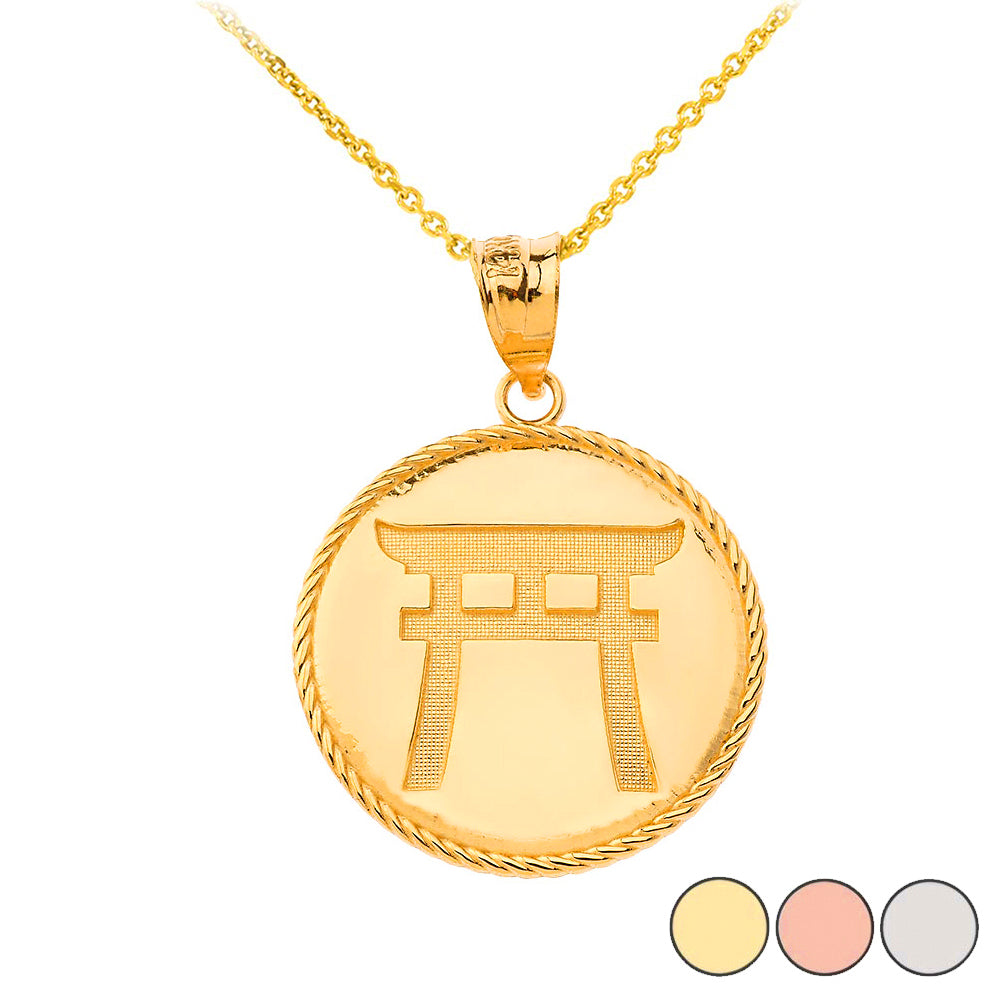 Gold Japanese Torii Shinto Gate Disc Pendant Necklace
