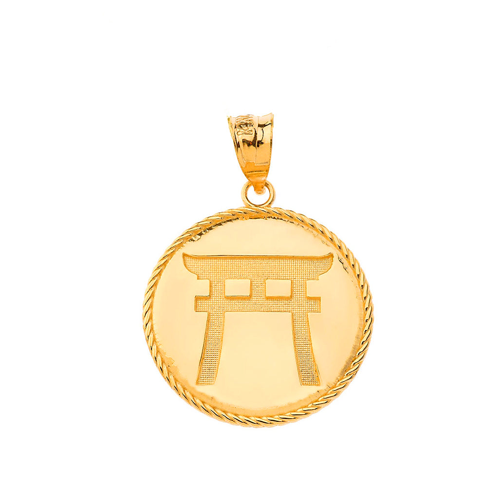 Gold Japanese Torii Shinto Gate Disc Pendant Necklace, view 2