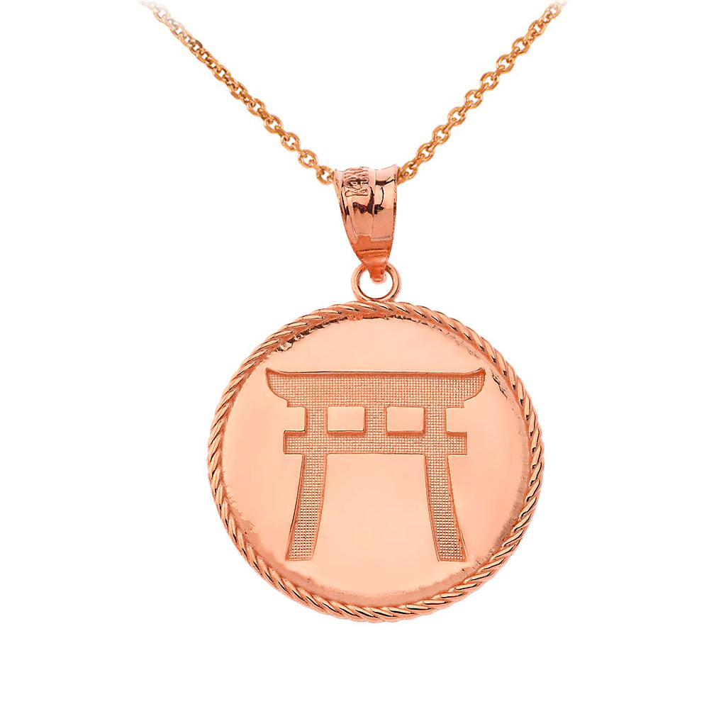 Gold Japanese Torii Shinto Gate Disc Pendant Necklace, view 3