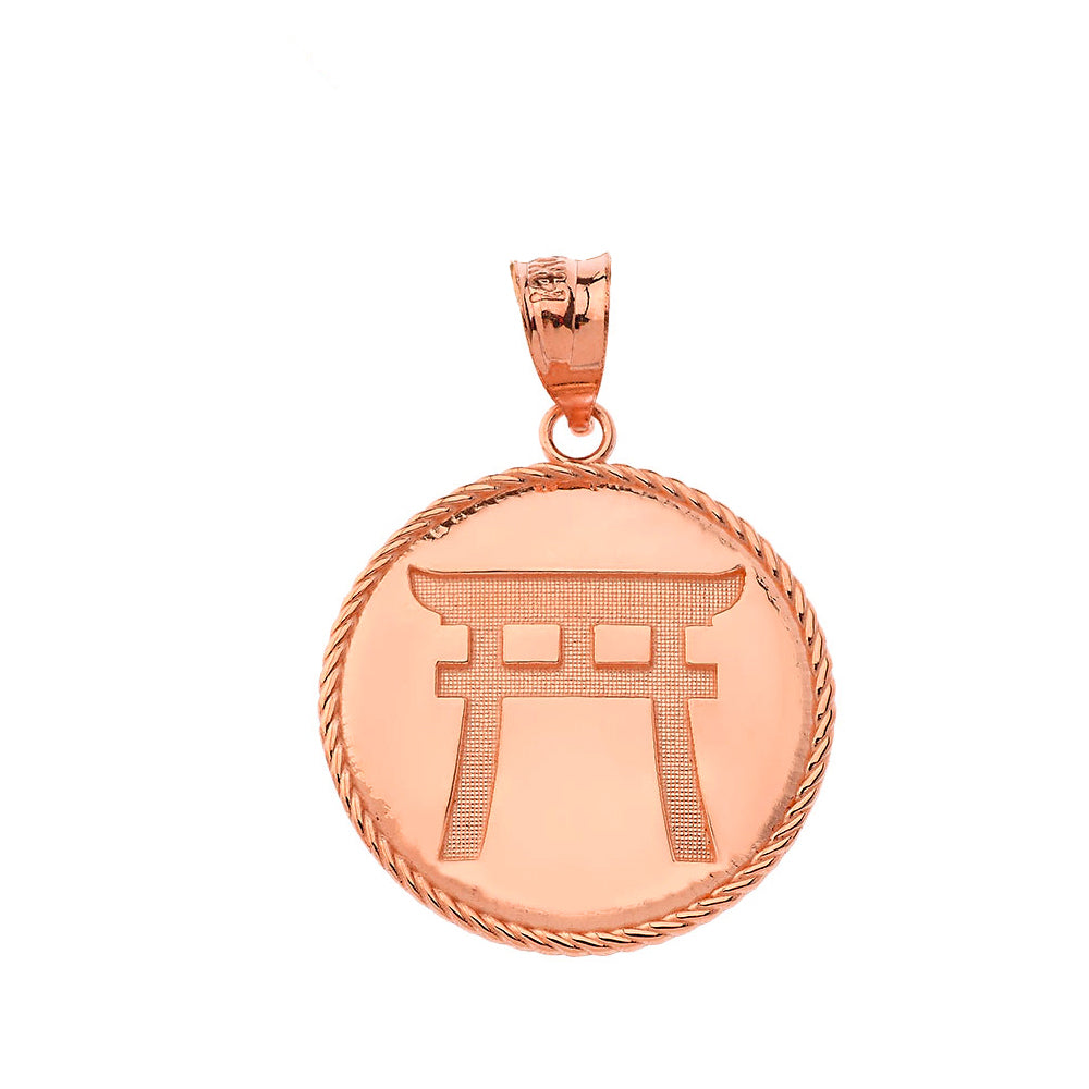 Gold Japanese Torii Shinto Gate Disc Pendant Necklace, view 4