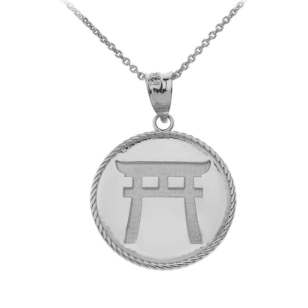 Gold Japanese Torii Shinto Gate Disc Pendant Necklace, view 5