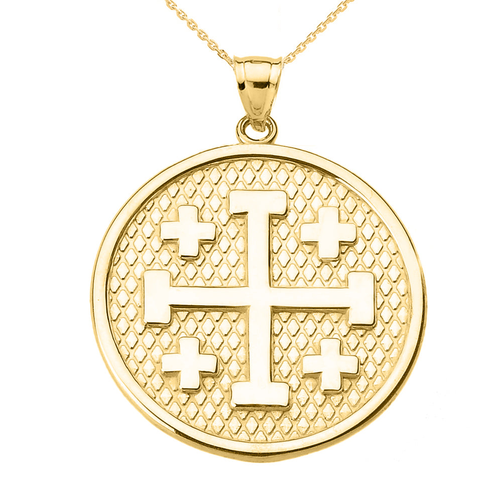 Gold Jerusalem Cross Round Pendant Necklace