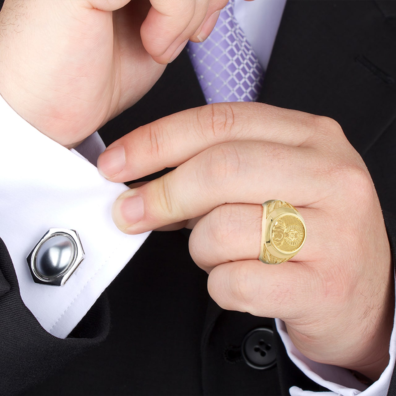 Gold Jesus Christ Cross Beaded Signet Ring, view 2