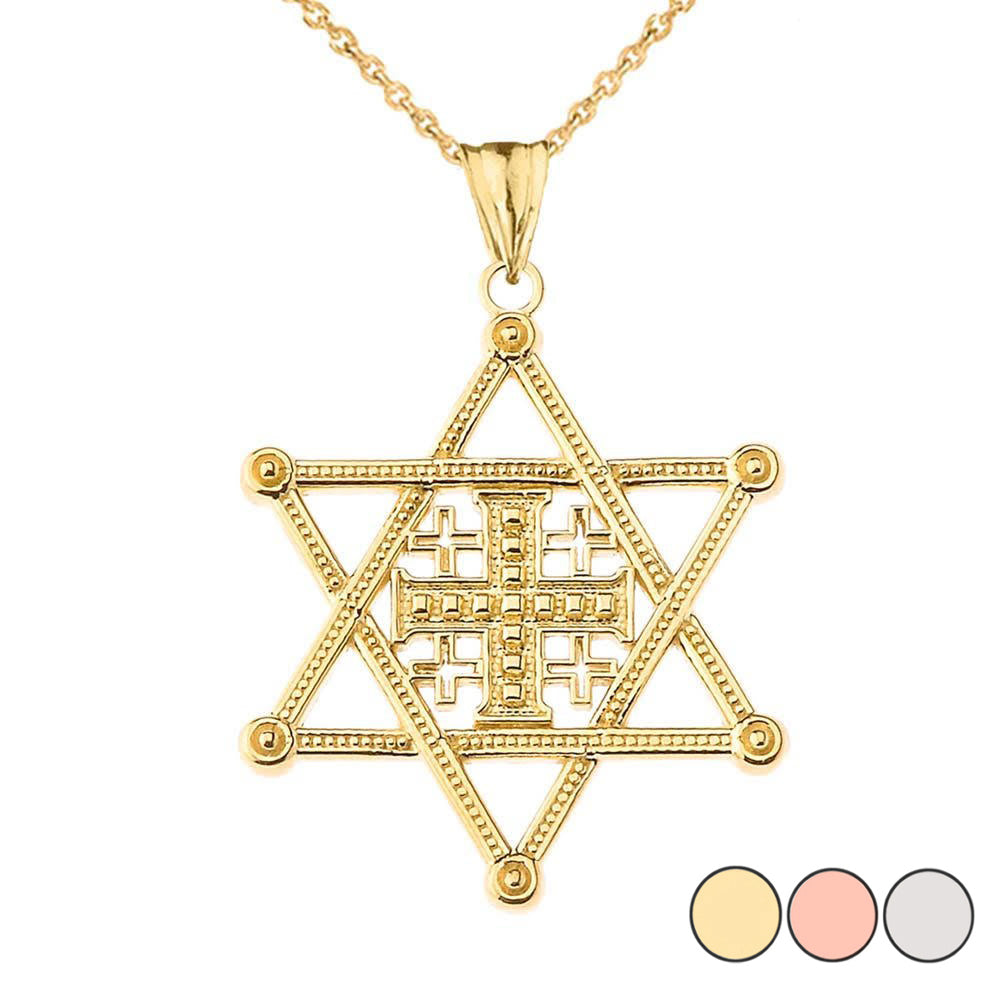 Gold Jewish Star of David Jerusalem Cross Messianic Pendant Necklace